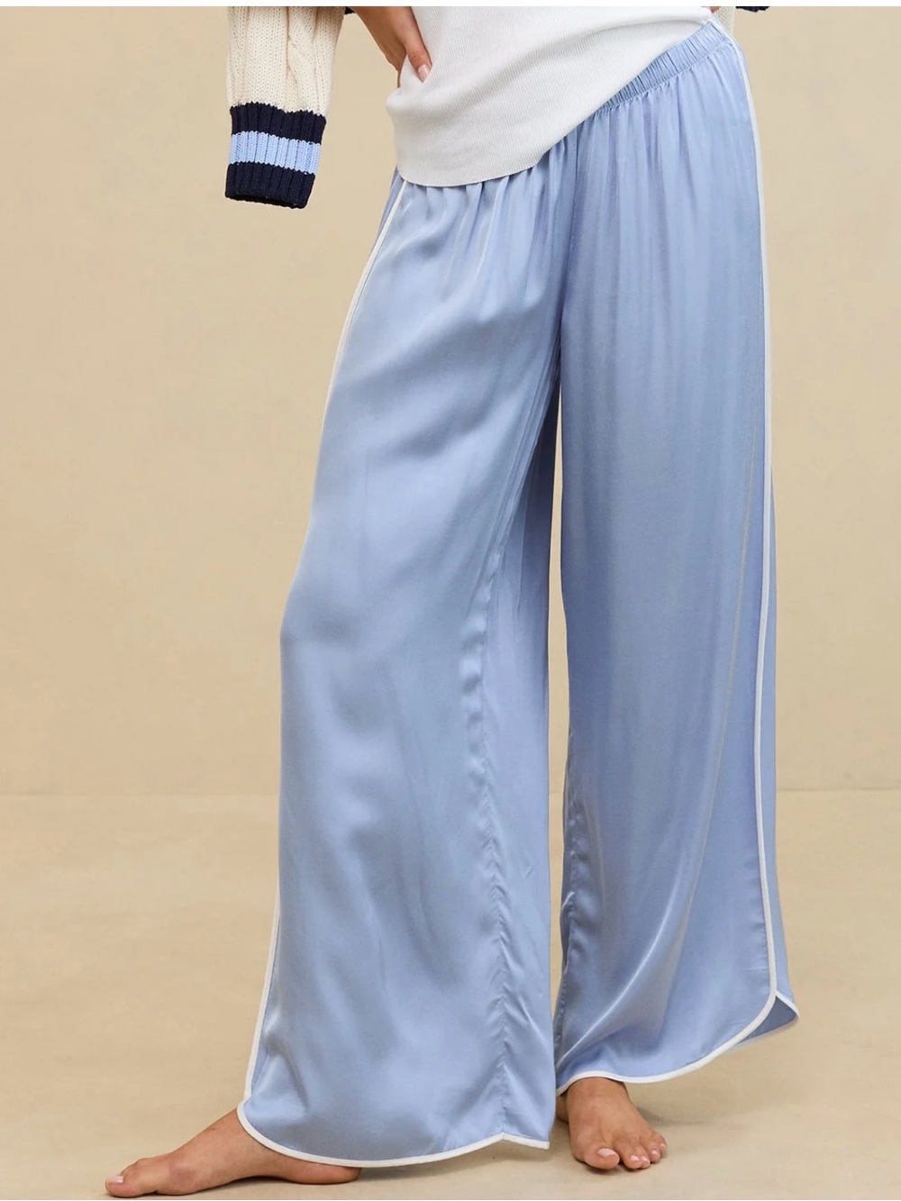 aerie Pale Blue Satin Wide-Leg Lounge Pants with White Side Trim
